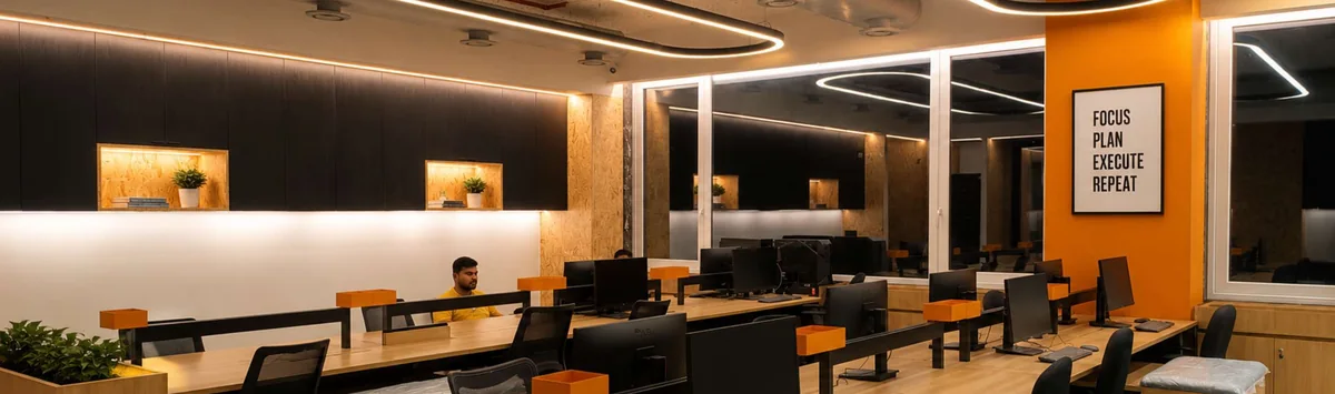 Office interior with warm linear ceiling lights, black finishes and orange accents
