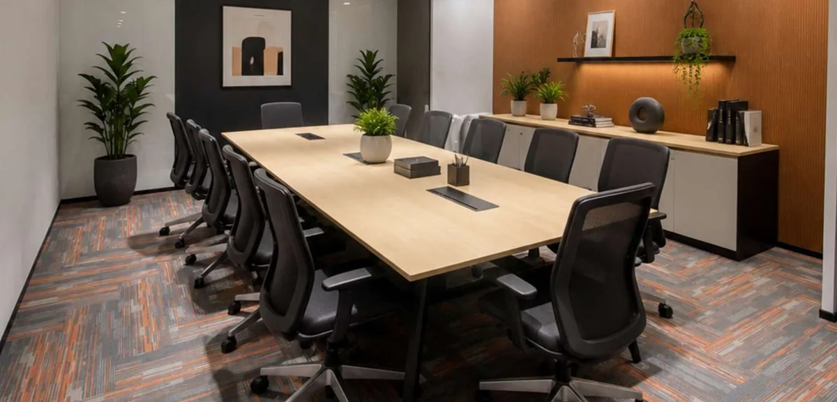 Meeting room with a timber table, black chairs and a planted credenza