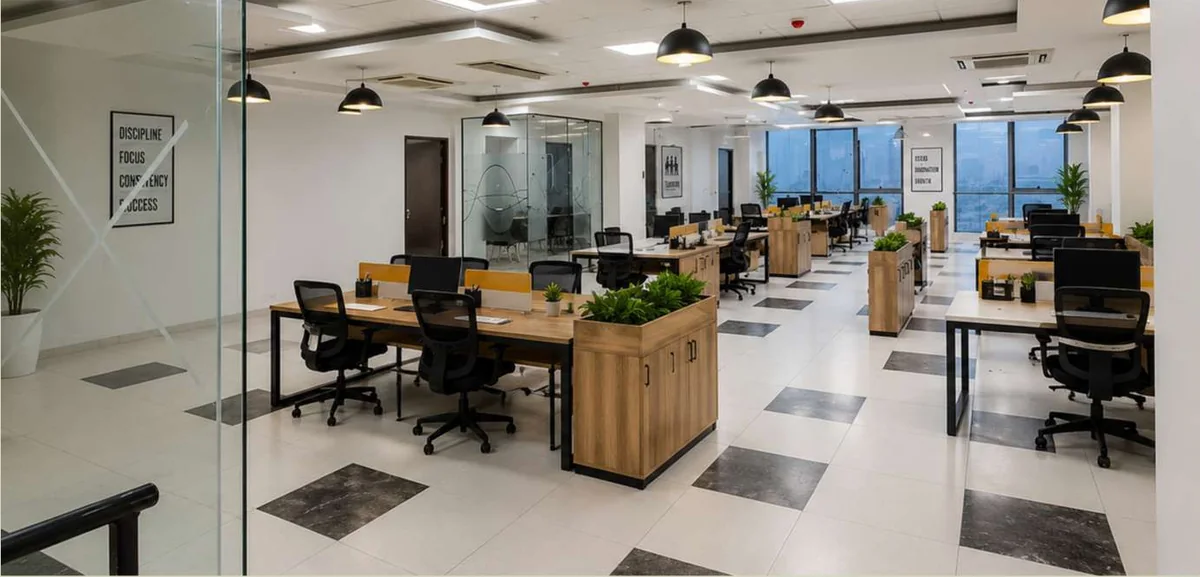 Open office with timber workstations, ceiling lights and a patterned stone floor