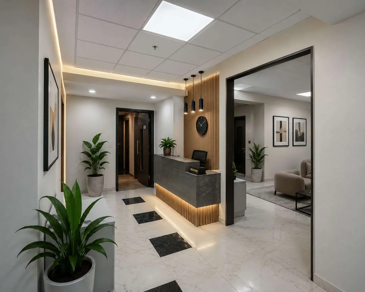 Reception desk with timber slats, stone finishes, planting and warm lighting