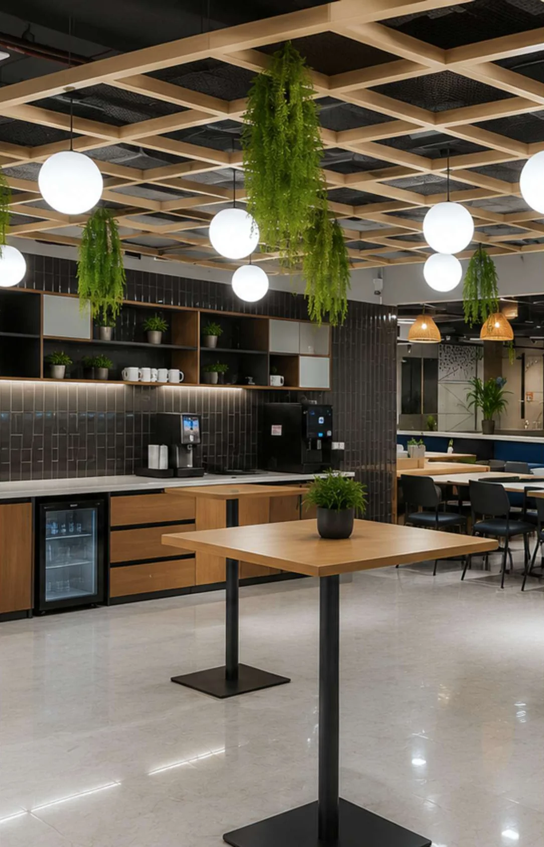 Cafe-style shared interior with timber tables, globe lights and hanging greenery