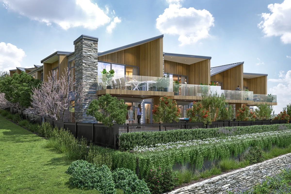 Layered architecture in a planted landscape.